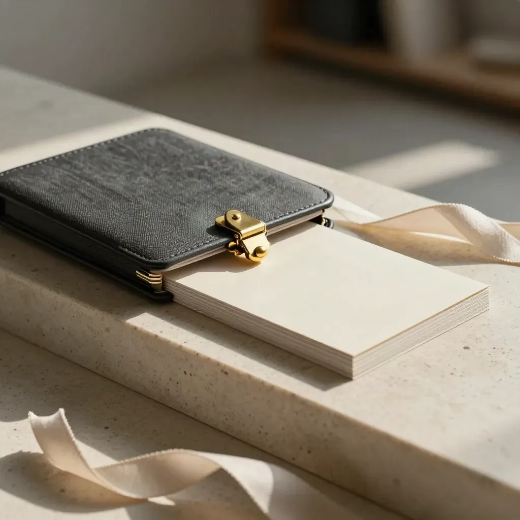 Charcoal launch kit with brass clasp, color chips, and folio on a travertine ledge.