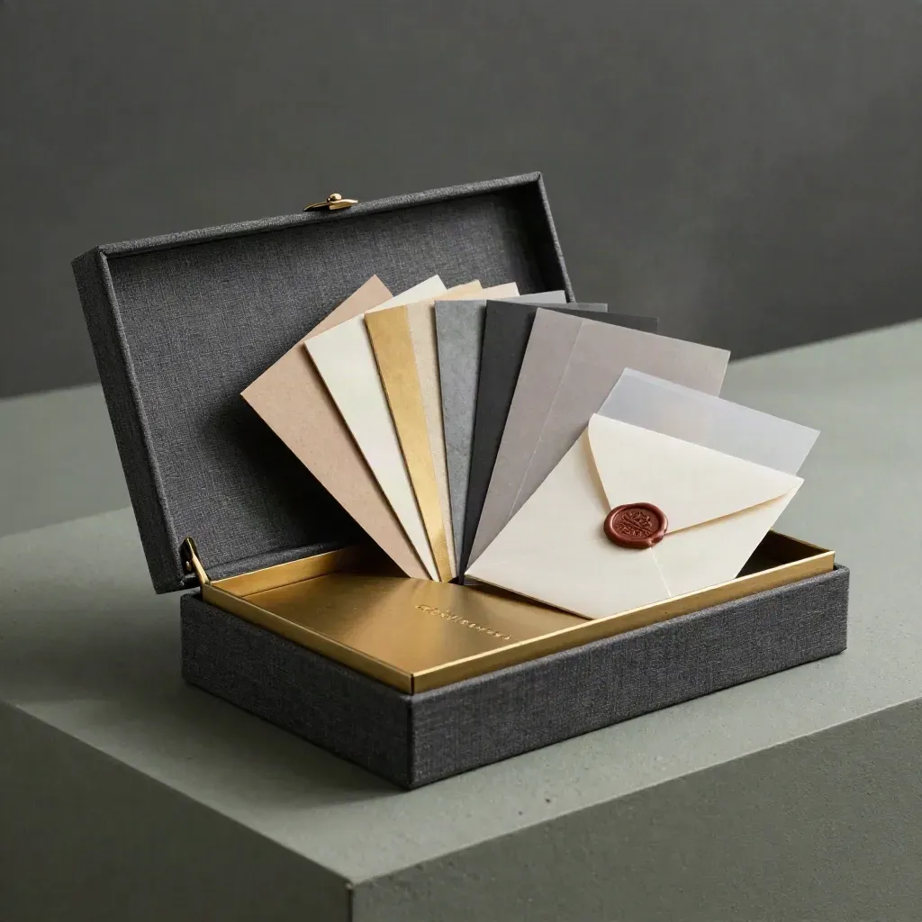 Charcoal linen brand kit box with brass inserts, folios, swatch fan and wax-sealed envelope.