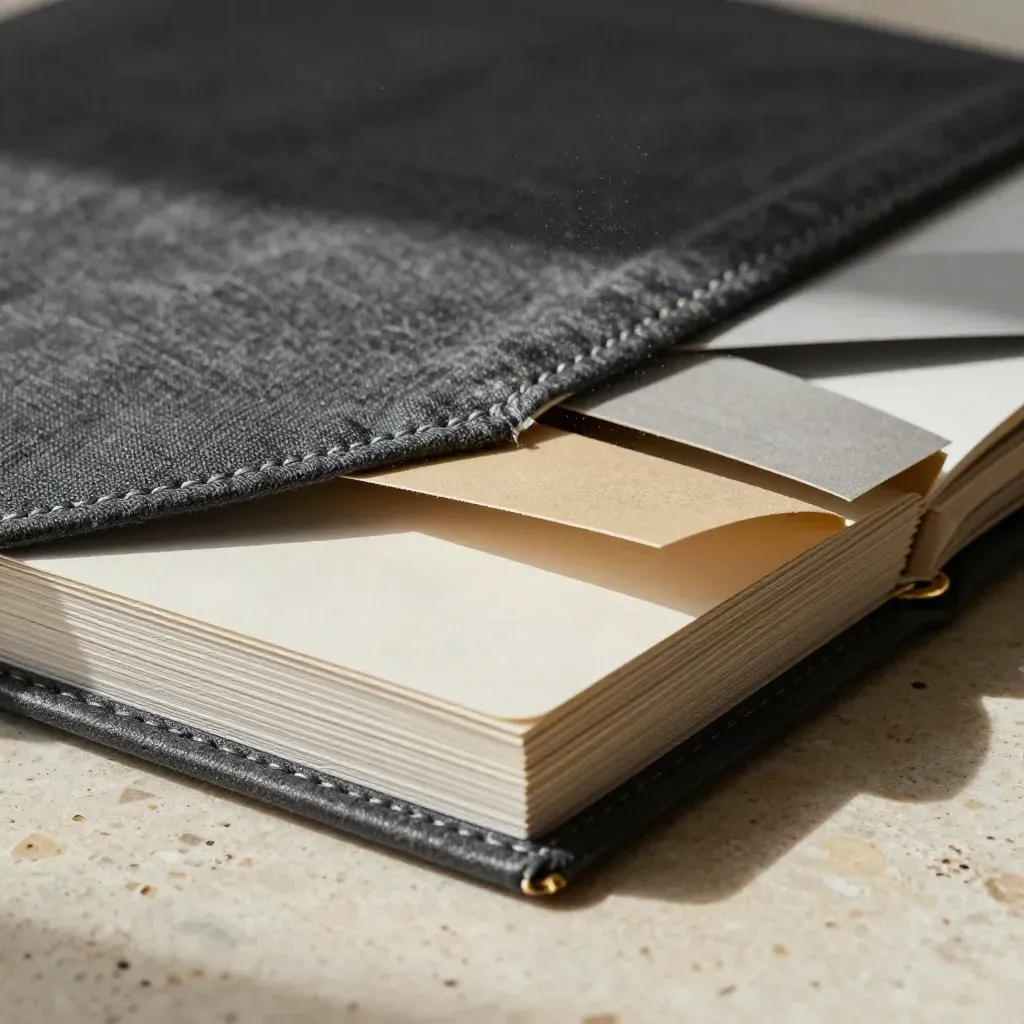 Charcoal cloth strategy folio with cards and swatches on travertine, lit by raking low light.