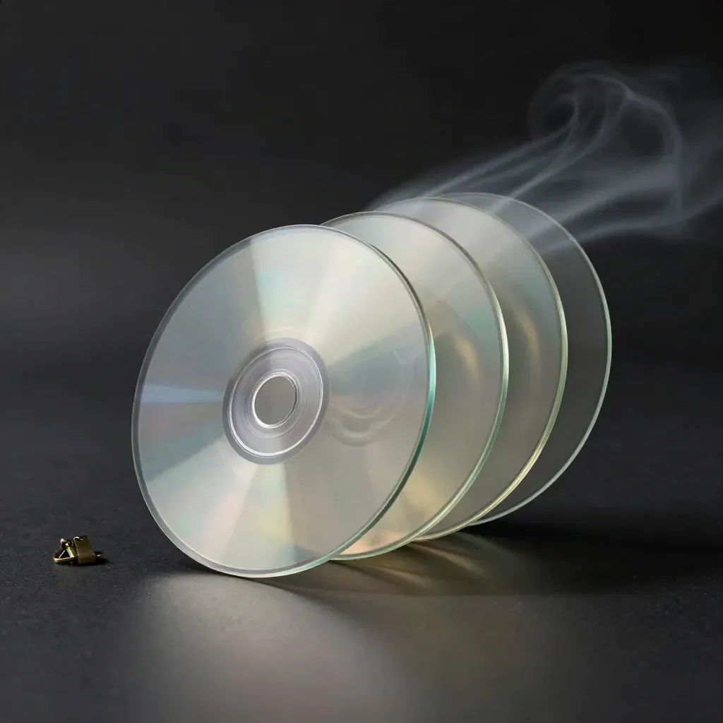 Acrylic discs, brass clip and presentation sleeve sliding on a matte-black studio surface.
