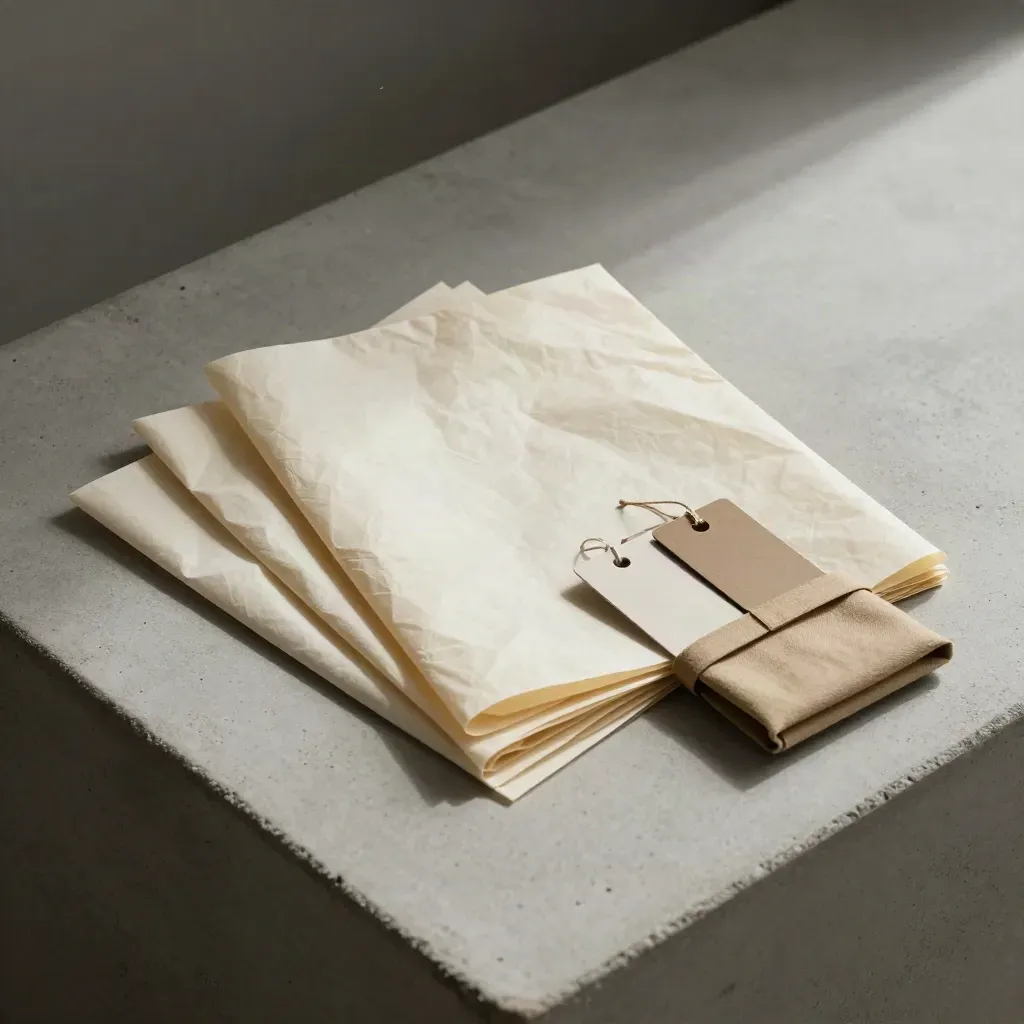Top-down flatlay of an opened boutique rebrand kit with waxed paper, tissue, tags and fabric wrap.