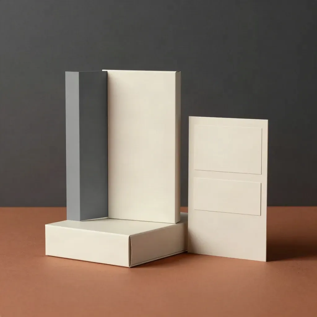 Packaging mockup set on a terracotta plinth with box, sleeves, insert board, and blank labels.