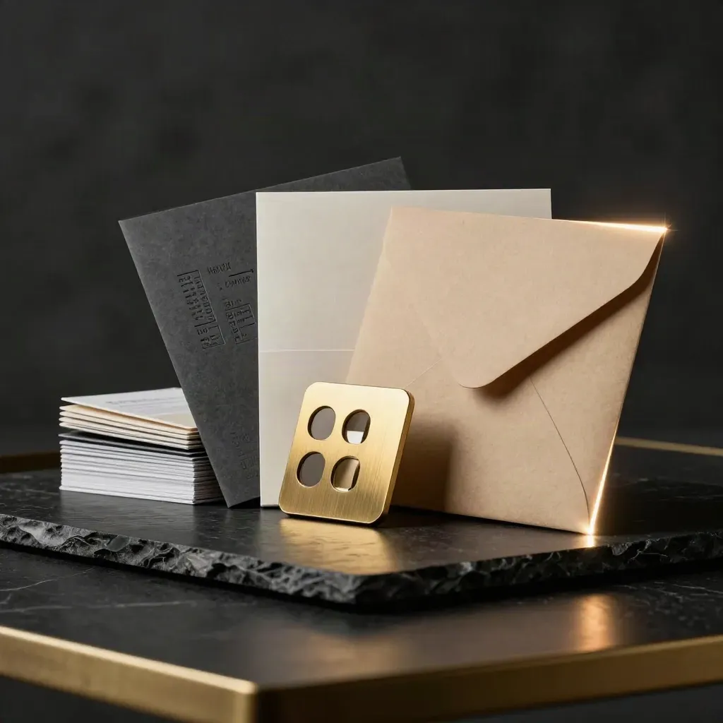 Tilted luxury brand kit stack with swatches, type cards and a sealed envelope on dark stone.
