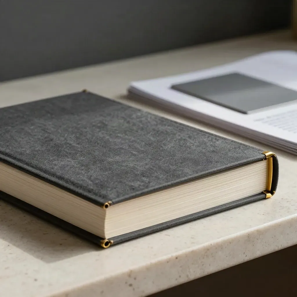 Charcoal brand audit folio with brass edge on travertine, softly open in studio light.
