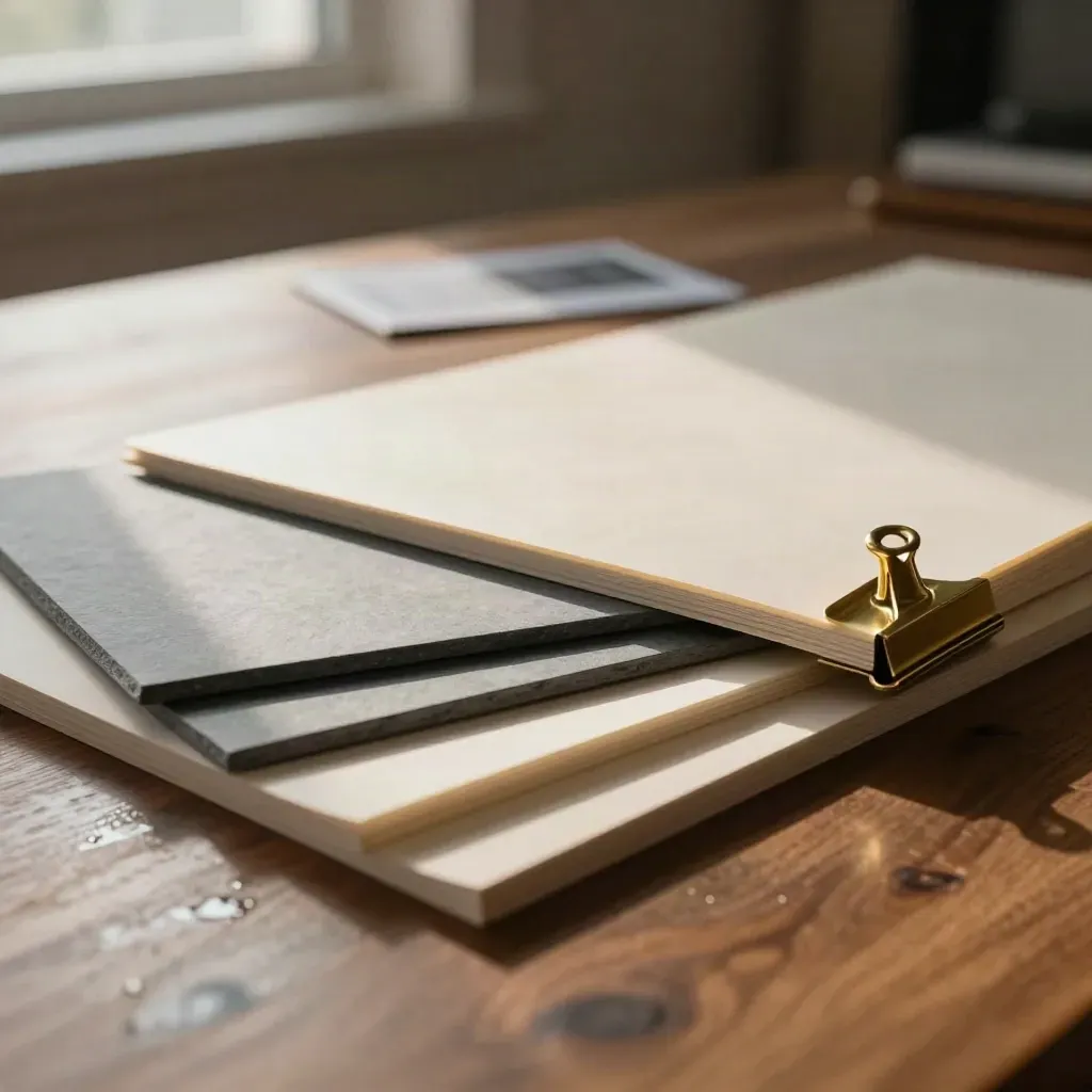 Wide-format brand boards sliding from a translucent sleeve with a brass clip on a walnut table.
