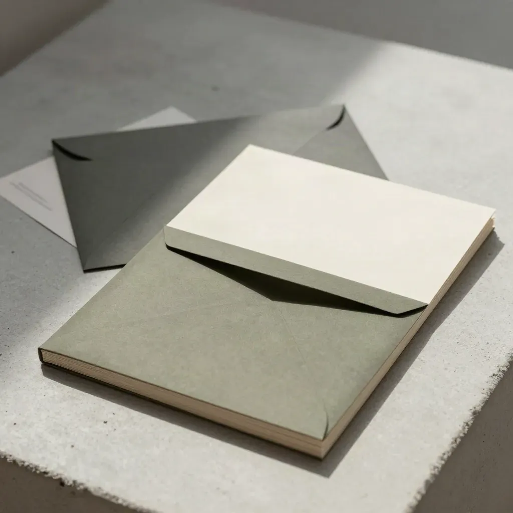 Overhead flat lay of a folded press folio, sleeve, and corner tabs on pale concrete.