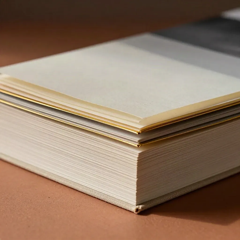 Linen-bound print style sheet with fanned paper stocks, brass edges, and terracotta light.