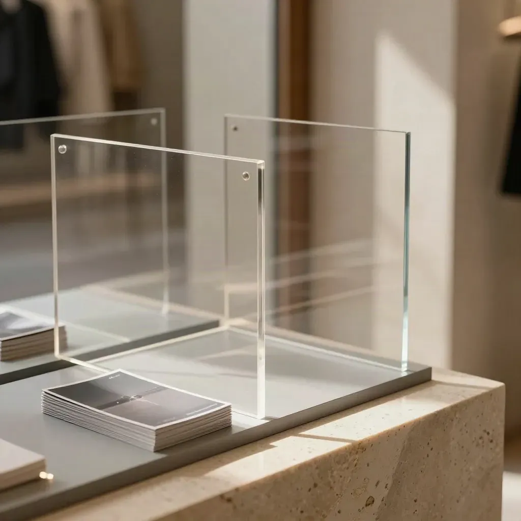 Blank acrylic display panels and folded cards leaning in a boutique threshold