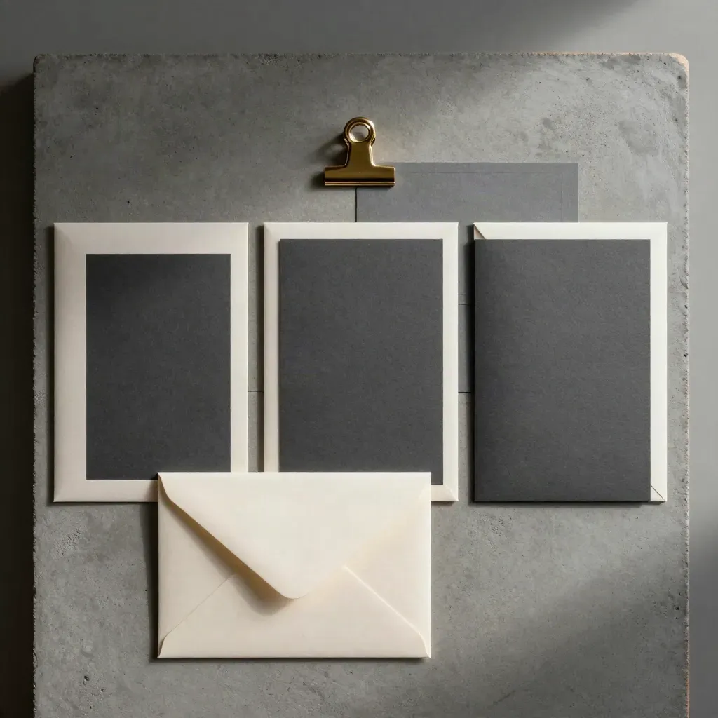 Overhead flatlay of sealed envelopes, blank cards and a brass clip on concrete.