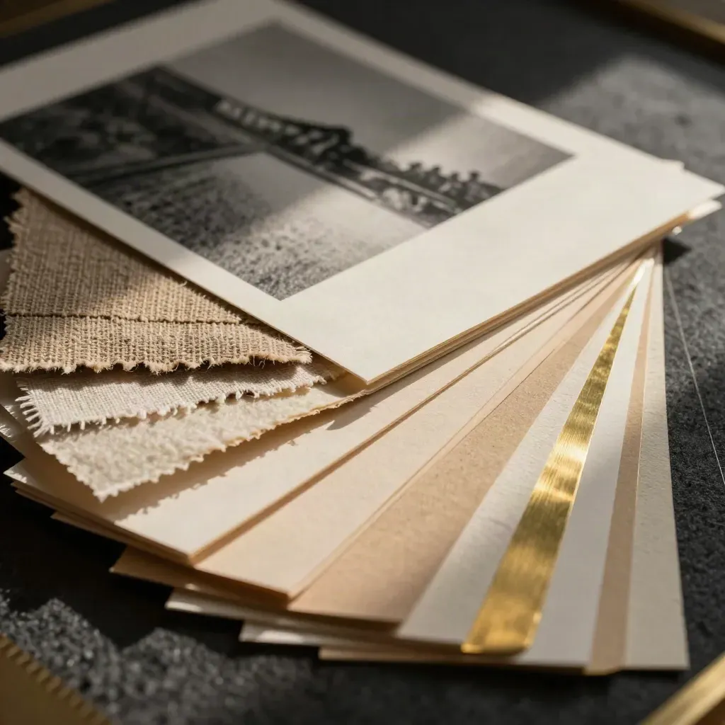 Macro fan of paper, fabric and board swatches with brass accents on a dark surface.
