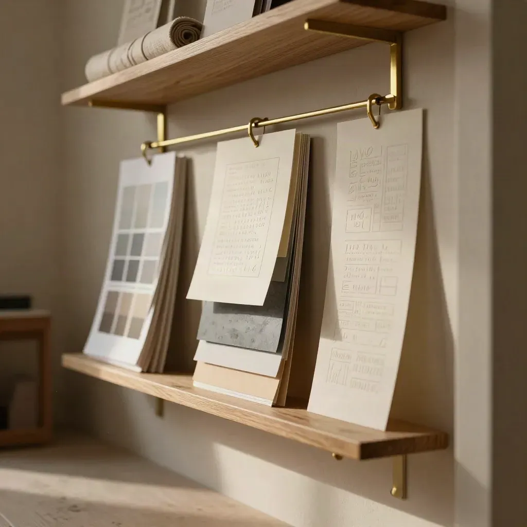 Atelier shelves with paper proofs, linen bolts and brass in late afternoon light