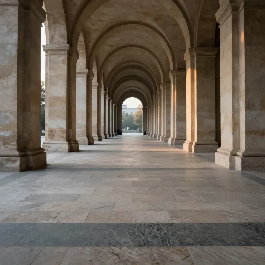Stone arcade corridor at dusk with a distant arch and calm copy space below.