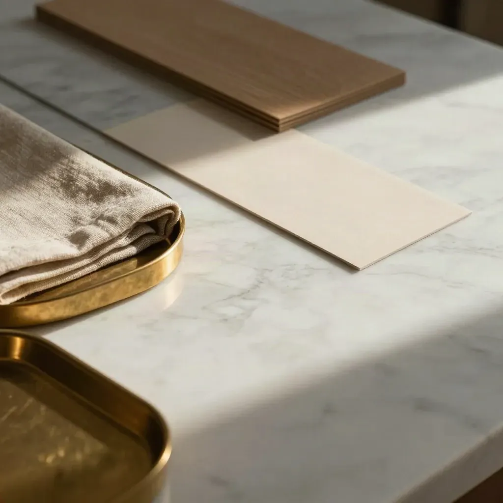 Marble studio surface with brass, linen, oak, and an ivory packaging sample