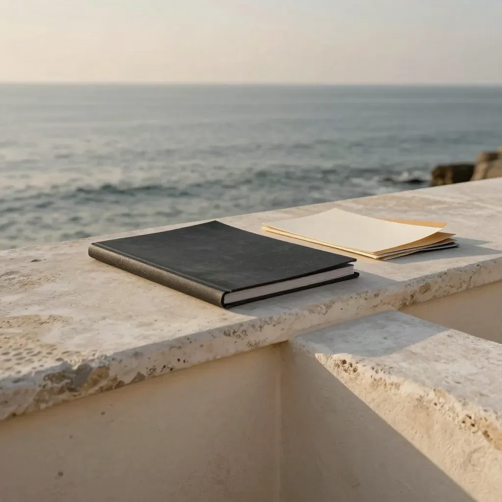 Sunlit coastal terrace with a charcoal presentation folio and calm sea haze beyond.