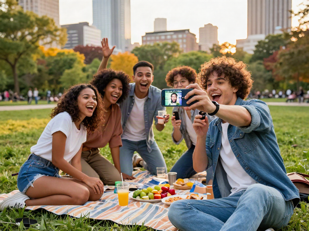 Friends using a smartphone app to find out how old do I look in a lively park setting.
