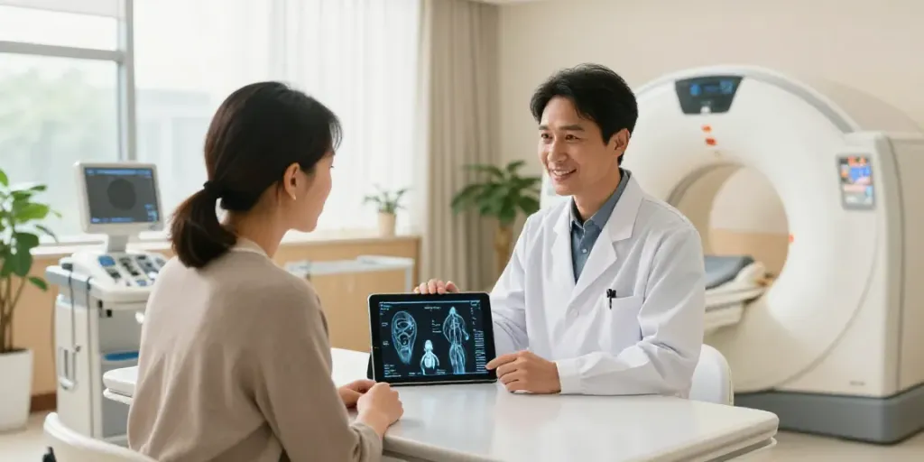 Röntgenreizbestrahlung in der Nähe: Patientenberatung in einer modernen Radiologiepraxis.