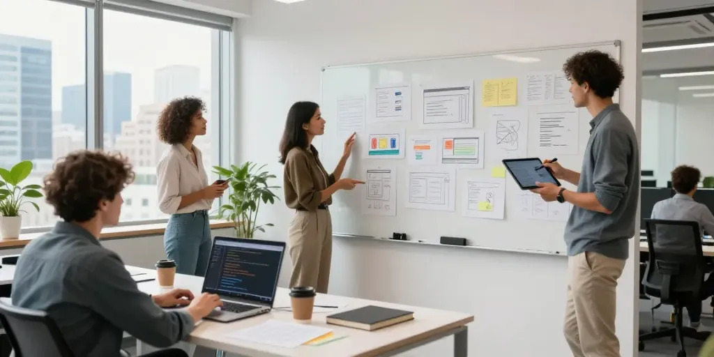 Team collaborating on an mvp development service in a modern tech workspace with sketches and laptops.