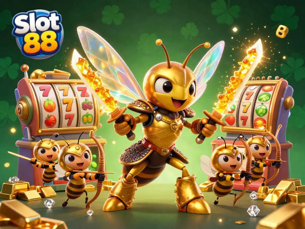 Experience excitement with Slot 88 and vibrant slot reels surrounded by gems and golden treasures.