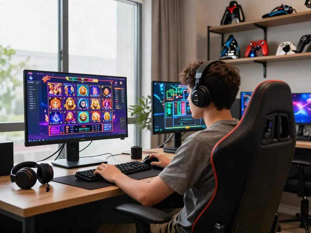 Dynamic gaming atmosphere showcasing a player interacting with luxury12 online games and vibrant visuals.
