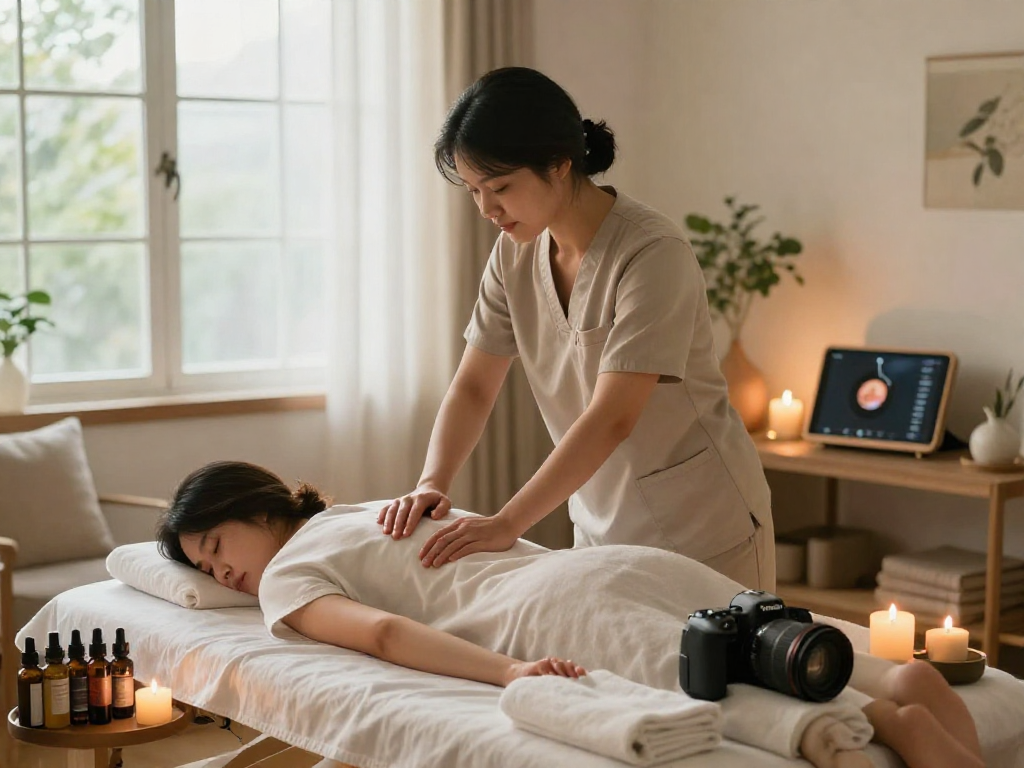송파출장마사지 home session with a therapist providing a relaxing massage in a cozy living room.
