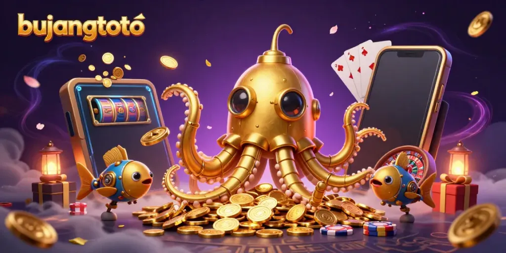 Engage with bujangtoto in a vibrant 3D scene of a golden kraken submarine and dynamic gaming elements.