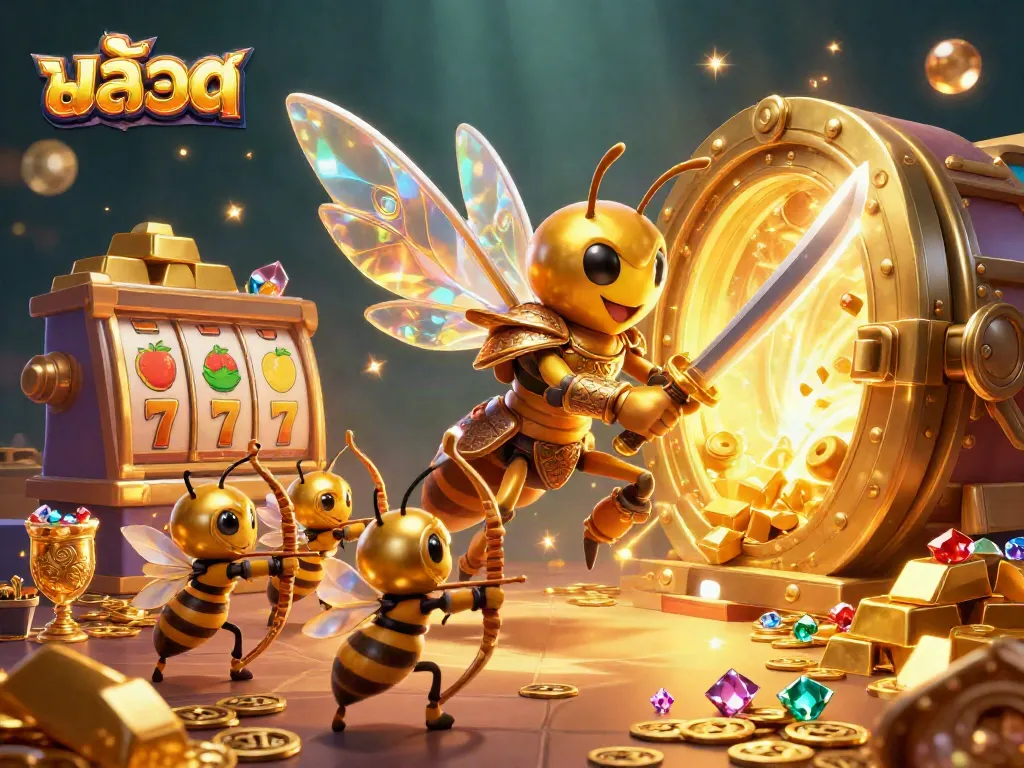Experience the thrill of สล็อต with giant golden hornet samurai and bee archers amidst golden treasures.