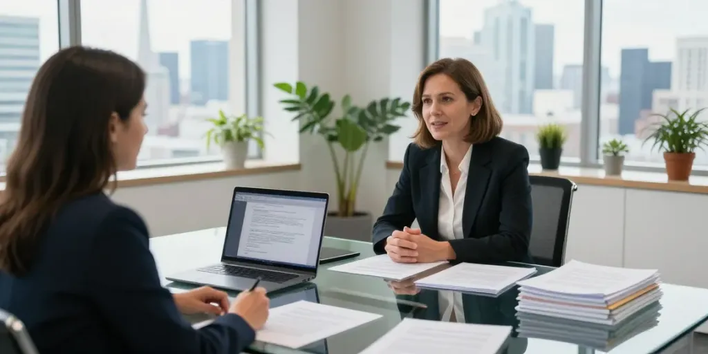 Karen McCleave GTA discussing legal strategies with a client in a bright modern office.