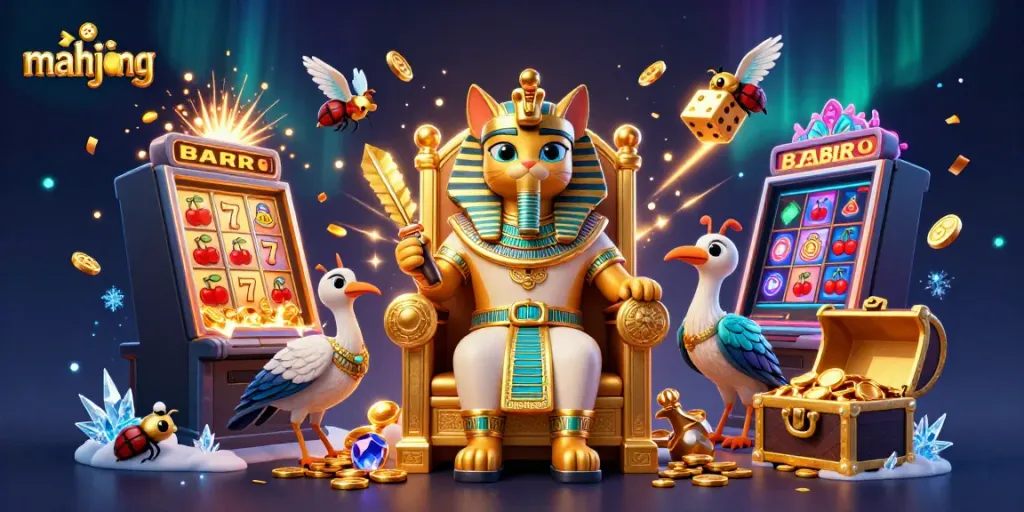 Experience mahjong excitement with a pharaoh cat on a throne amidst dazzling casino symbols.