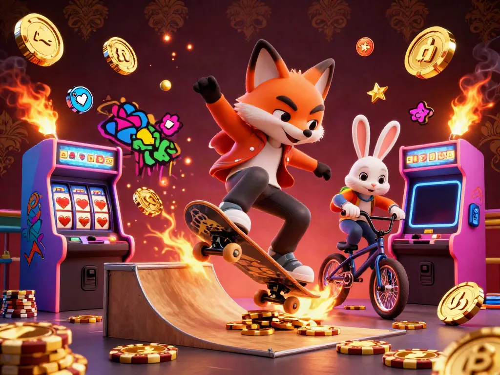 Onbet is represented in a vibrant casino scene with a fox skateboarder and a BMX rabbit, showcasing exciting gaming visuals.