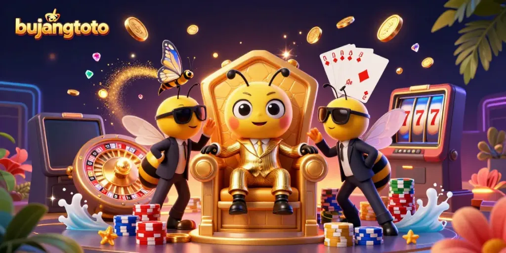 Bujangtoto 3D illustration featuring a mob boss and bodyguards in a casino-themed scene full of coins and gems.