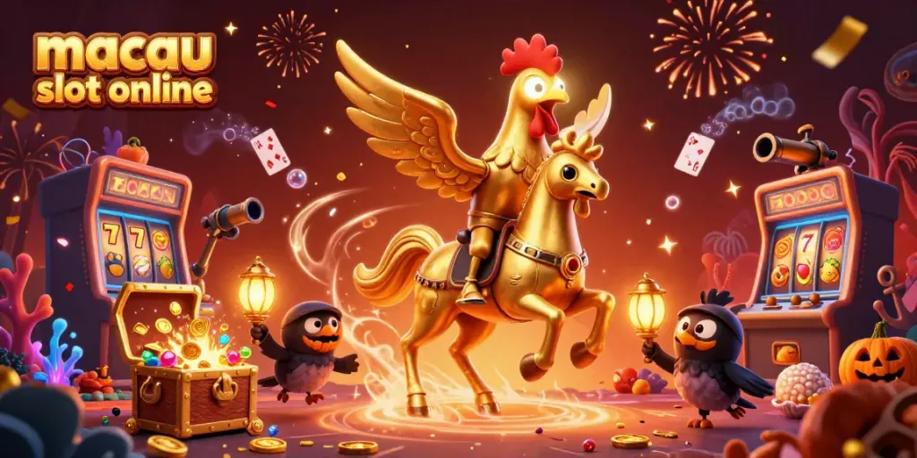 Memenangkan permainan macau slot online dengan pemandangan kasino yang megah, koin emas melimpah, dan karakter kartun yang unik.