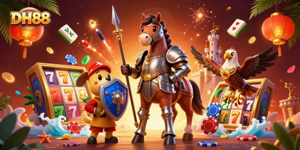 Experience the thrilling rush of DH88 casino games with a lively, vibrant scene of characters and colorful gaming symbols.