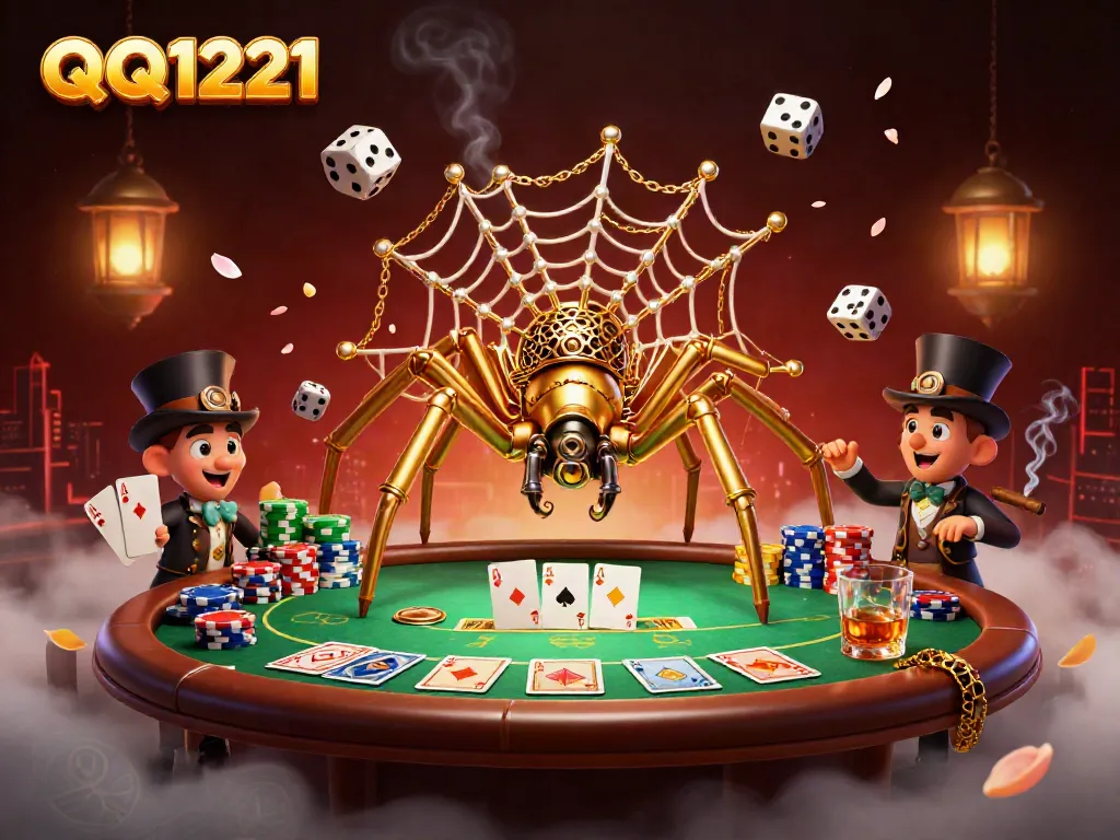 Engage with QQ1221's thrilling casino scene featuring a steampunk spider and poker elements.