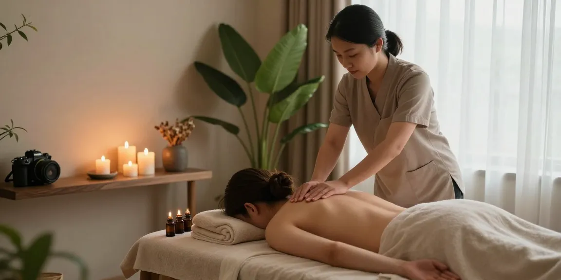 Serene spa scene with 서대문출장안마 massage therapy session, candles, and soothing ambiance.