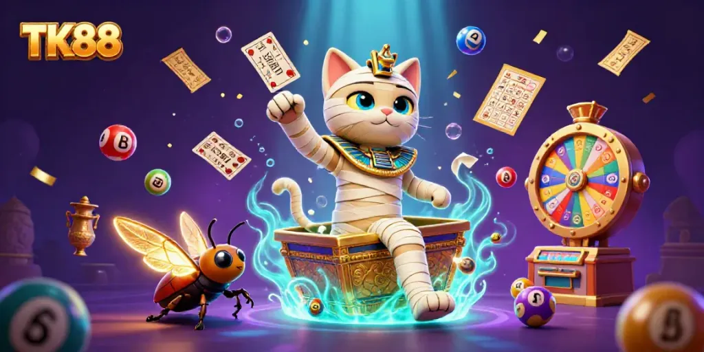 Spin to win at TK88 with an Egyptian mummy cat bursting from a golden sarcophagus!
