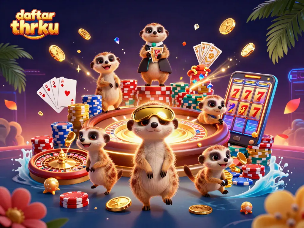 Capture the excitement of daftar thrku with meerkats in a vibrant casino scene.