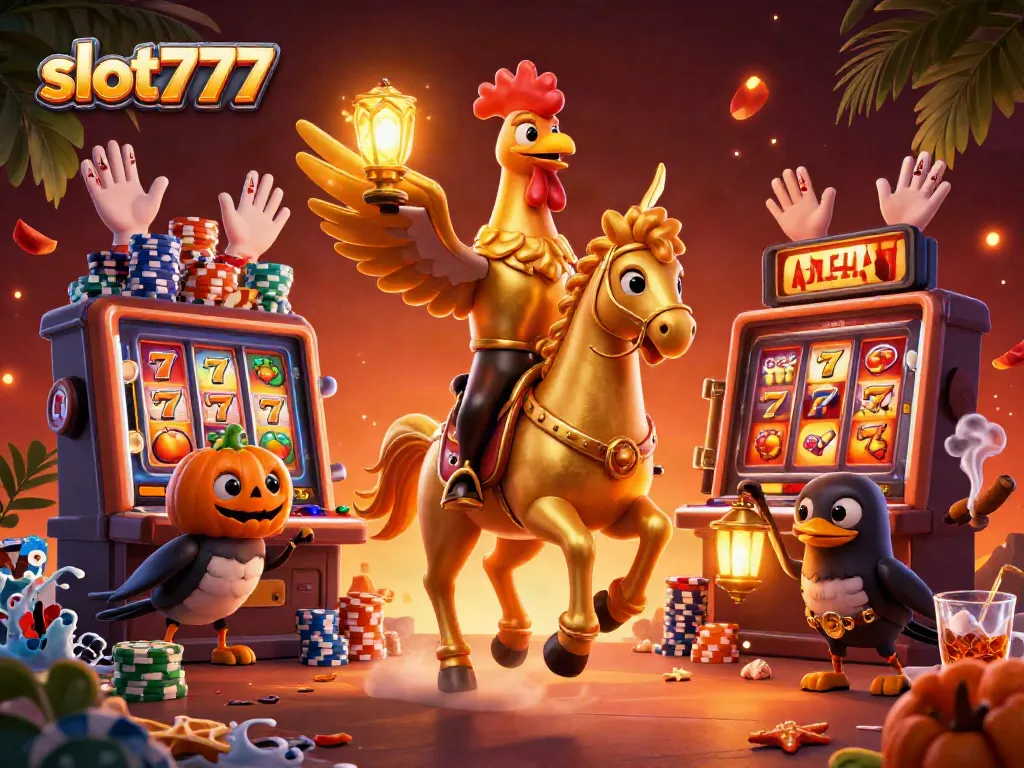 Play slot777 with a vibrant illustration featuring a golden rooster in a casino setting.