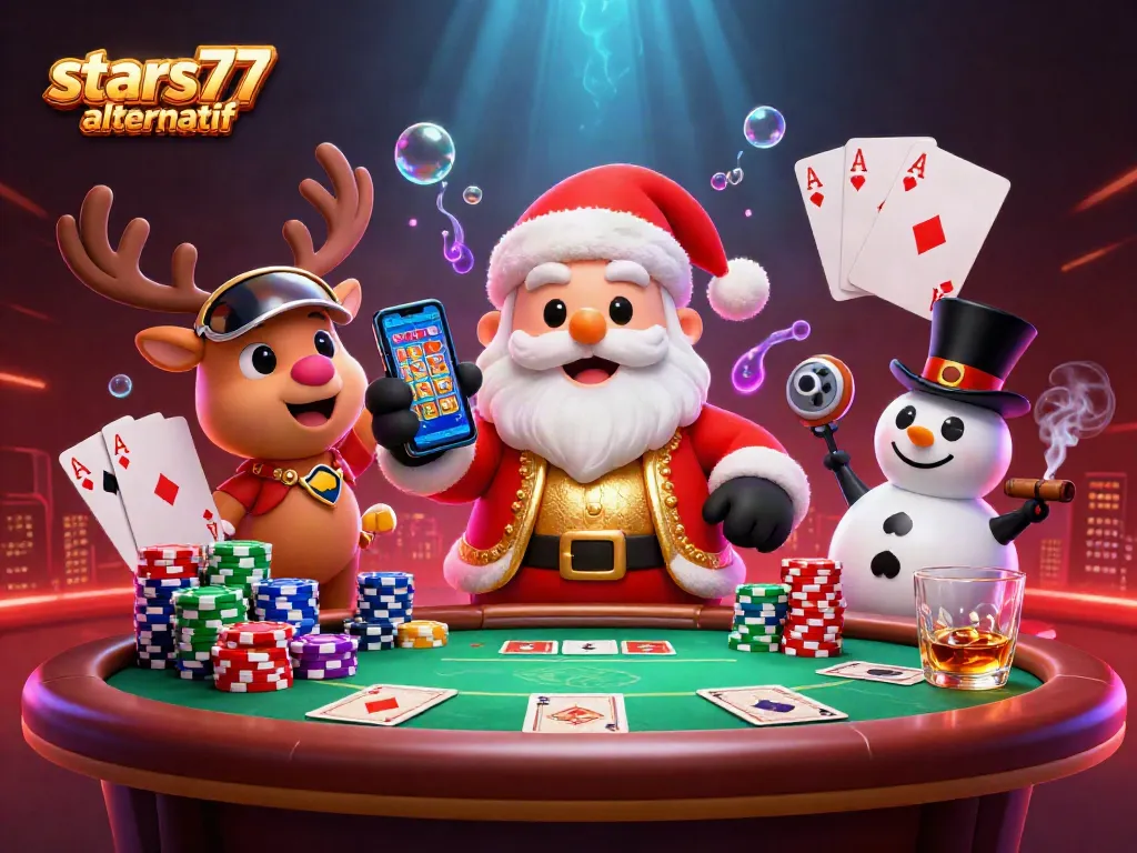 Jelajahi dunia stars77 alternatif dengan Santa dan teman-teman dalam suasana kasino yang meriah.