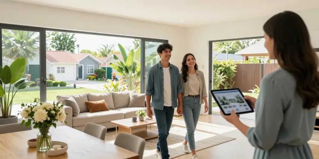 A couple exploring a listed Property in a bright modern living room with a real estate agent.