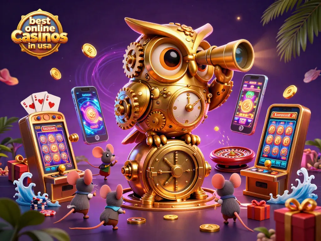 Experience the best online casinos in usa with a dynamic 3D illustration showcasing casino action and vibrant game elements.