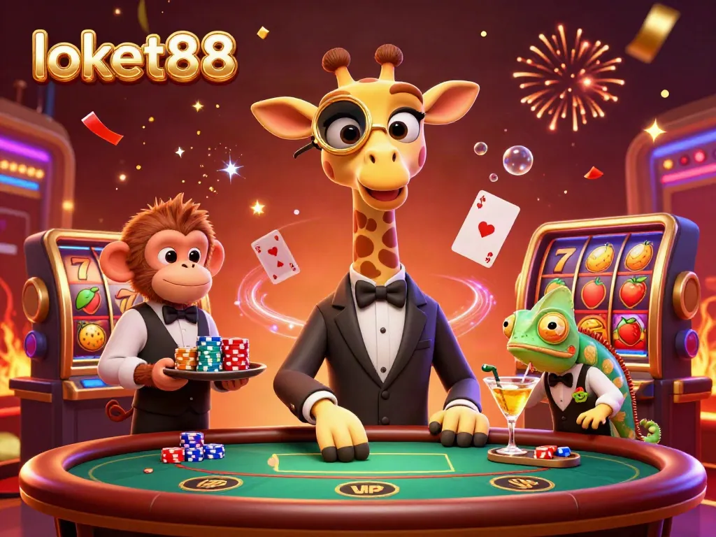 Experience the vibrant casino scene with loket88, featuring a high-roller giraffe and playful characters.