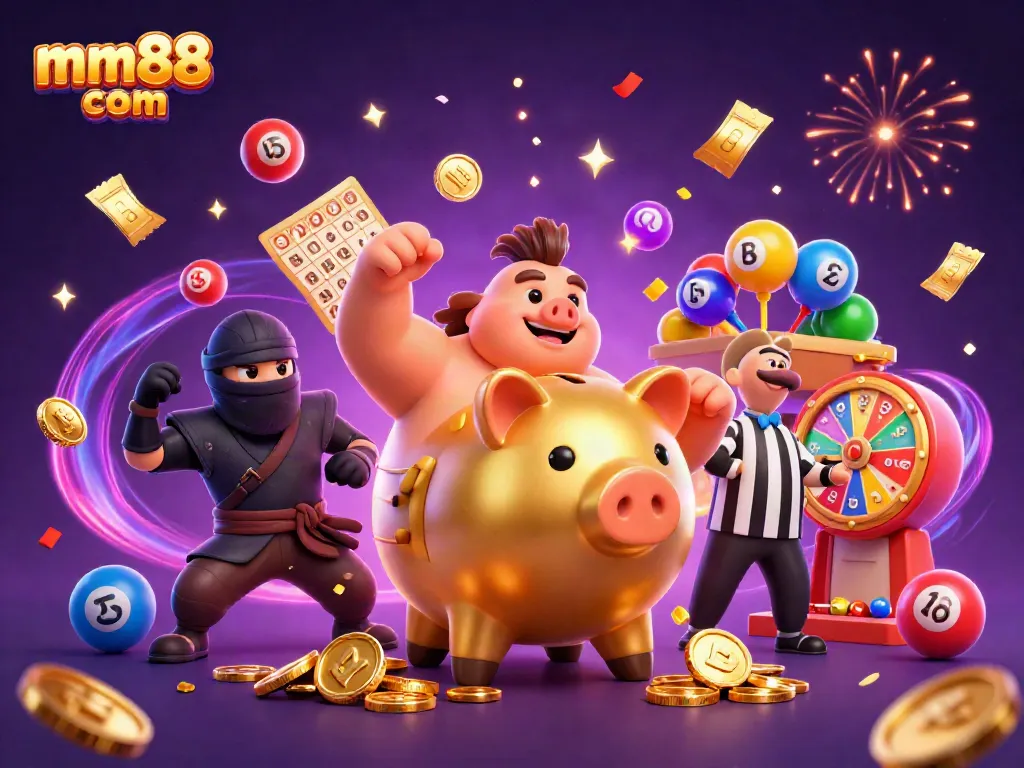 Experience exciting gameplay with the vibrant scene of mm88 com, featuring a golden piggy bank and dynamic lottery balls.
