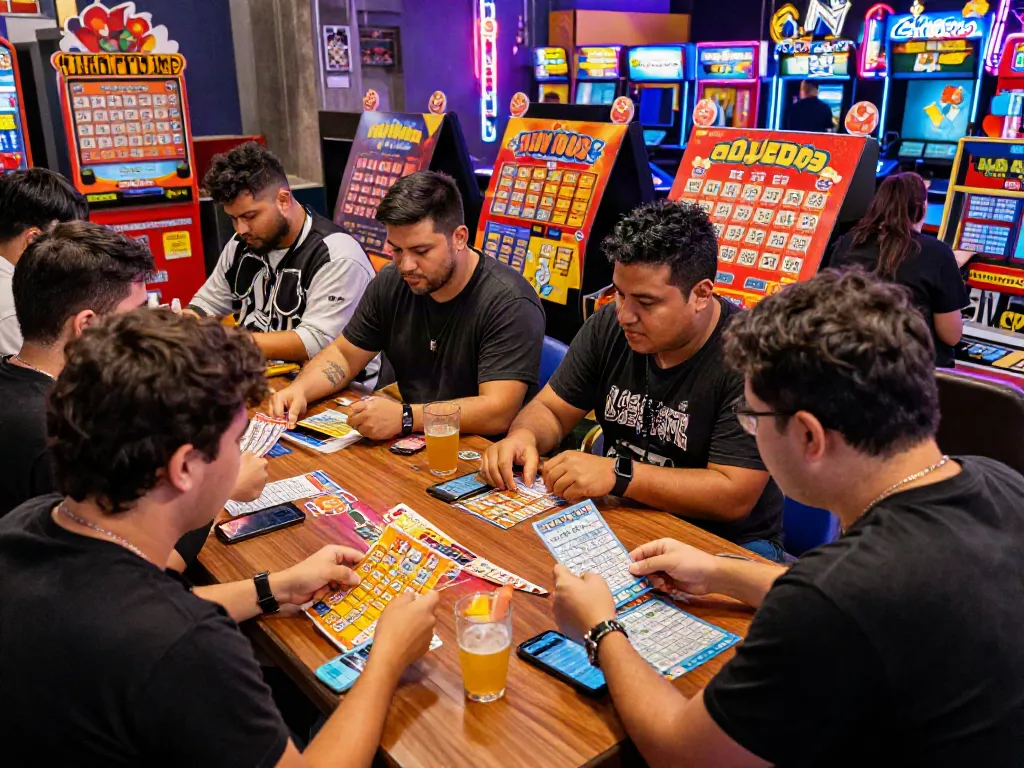 Penggemar ratutogel memeriksa tiket lotre di booth yang meriah, suasana penuh kegembiraan dan antisipasi.