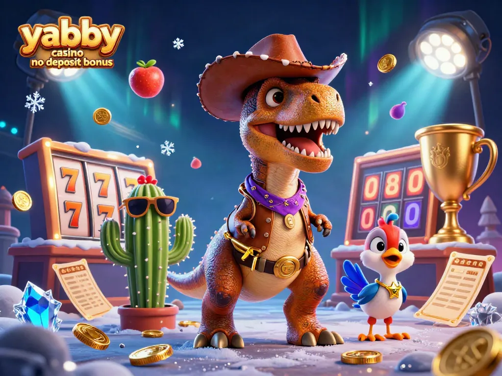 Experience the yabby casino no deposit bonus with a thrilling 3D casino illustration featuring cartoon characters and slot elements.