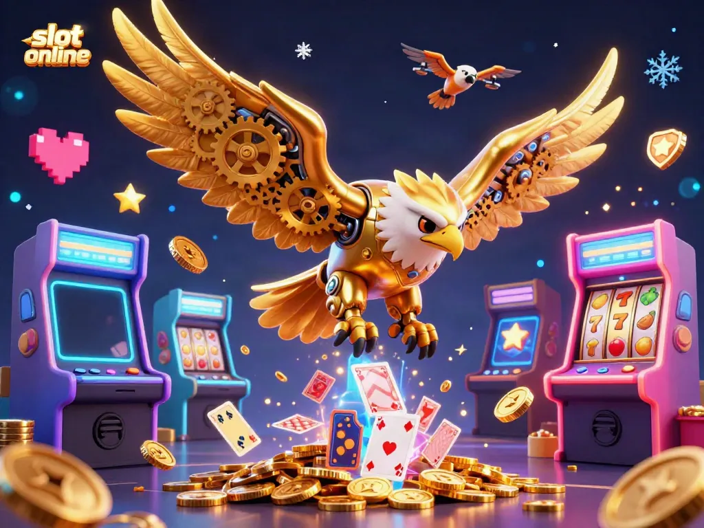Spin big with engaging slot online gameplay as a golden eagle dives through holographic playing cards.