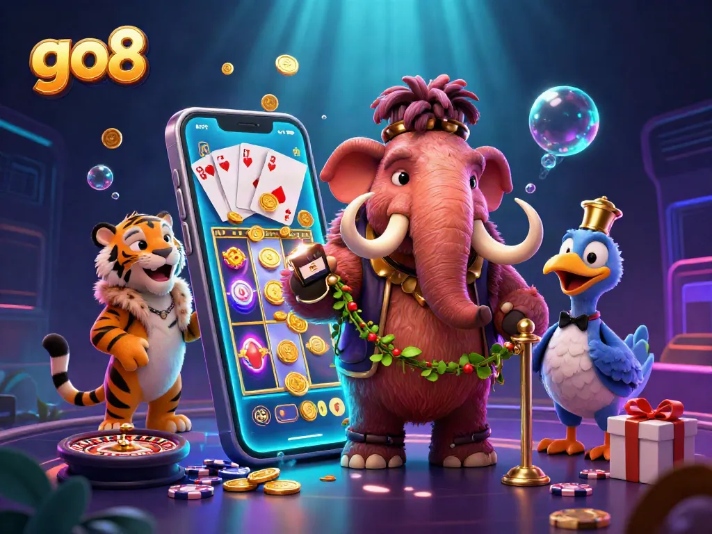 Engaging scene with go8 casino bouncer, saber-tooth tiger guest, and vibrant game elements.