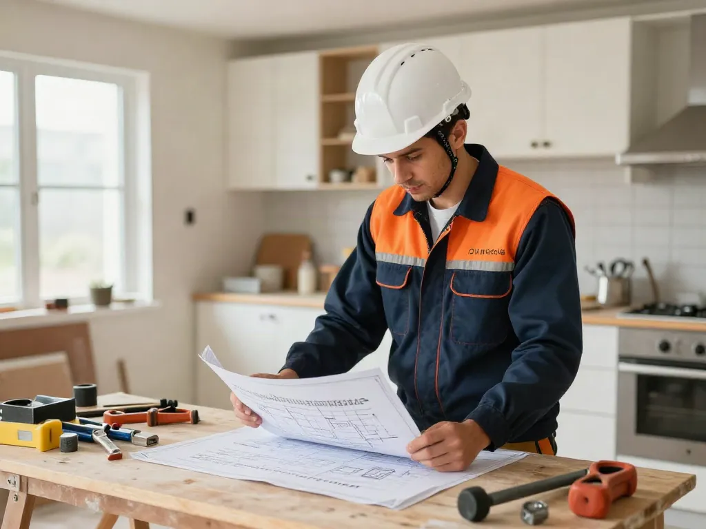 "Professional contractor reviewing plans at a local home renovation site, wish4d trusted services."