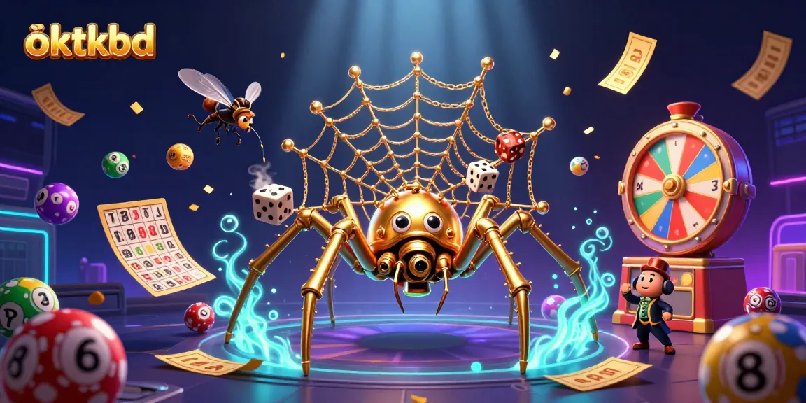 Spin and win with oktkbd's lively 3D illustration featuring a steampunk spider and bingo elements.
