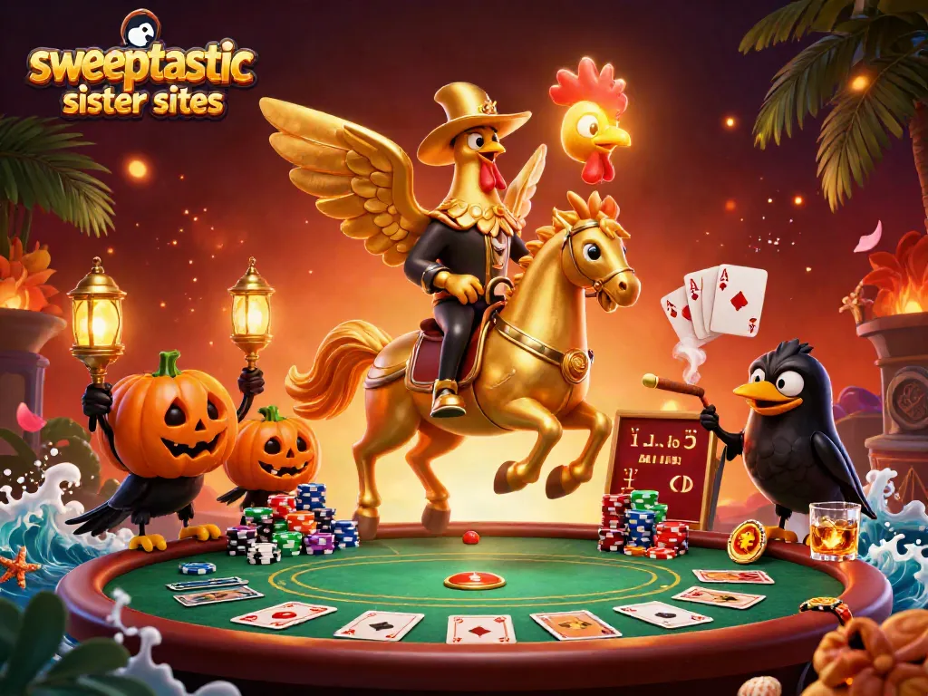 Sweeptastic sister sites illustrated with a golden rooster and spectral horse in a vibrant casino scene.