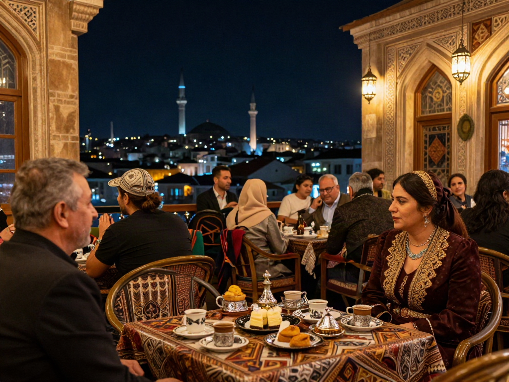 Diyarbakır escort hizmeti için şık bir kafe ortamında oturan kadın, geleneksel Türk kahvesiyle süslü masa ve tarihi mimari arka planda.